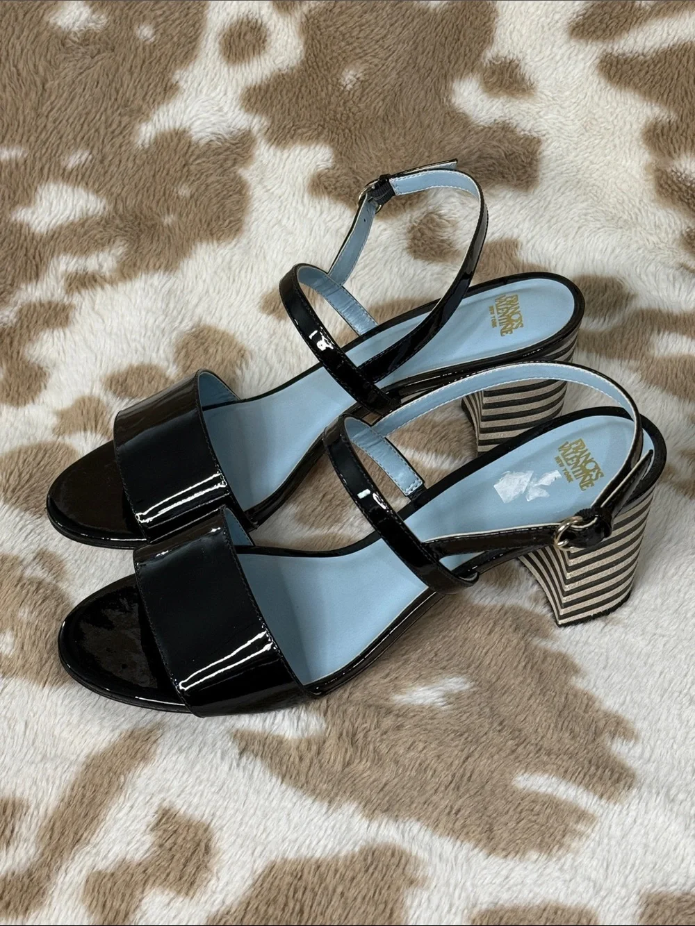 Francis Valentine Patent Black Slingback Sandals with Striped Block Heel - Picture 1 of 5
